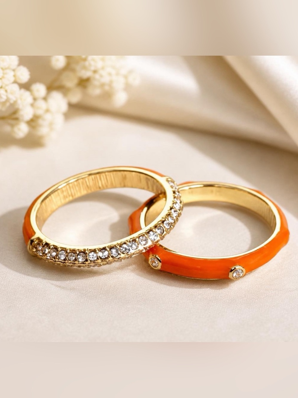 CZ & Tangerine Enamel Stacking Ring Set